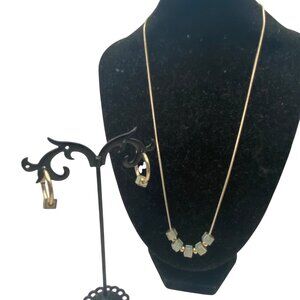 Silver Tone Necklace Earring Set Blue Enamel Cube Beads Chain 16+2" Hoop .75"